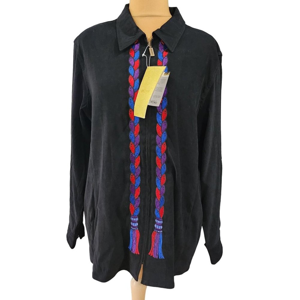 Preowned with Tags Bob Mackie Womens Embroidered Tassle Full Zip Black Jacket/Bl